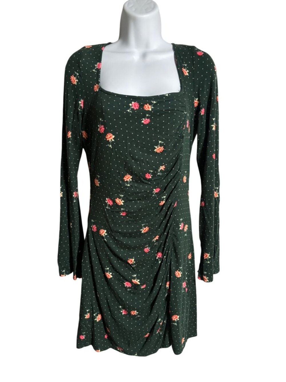 Free People Celia Mini Dress Size S Emerald Jewel Floral Polka Dot Print Ruched - Picture 1 of 12